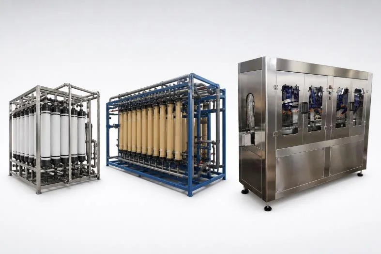 Reverse osmosis water treatment assemblies for bottled water production