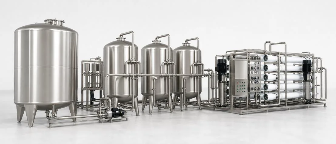 Stainless steel water treatment system with tanks, filters and reverse osmosis equipment
